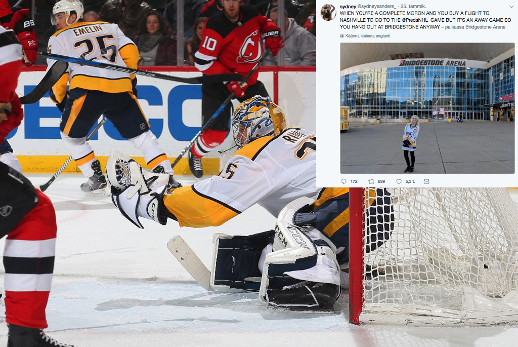 Getty Pekka Rinne & Predators-fani Pekka Rinne koppaili kiekkoja New Jerseyssä samaan aikaan, kun Nashville Predators-fani seisoi tyhjän hallin edessä.
