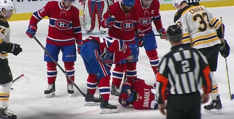 Zdeno Charan laukaus Zdeno Charan hurja lyöntilaukaus osui suoraan Montreal Canadiensin Phillip Danaultia päähän.