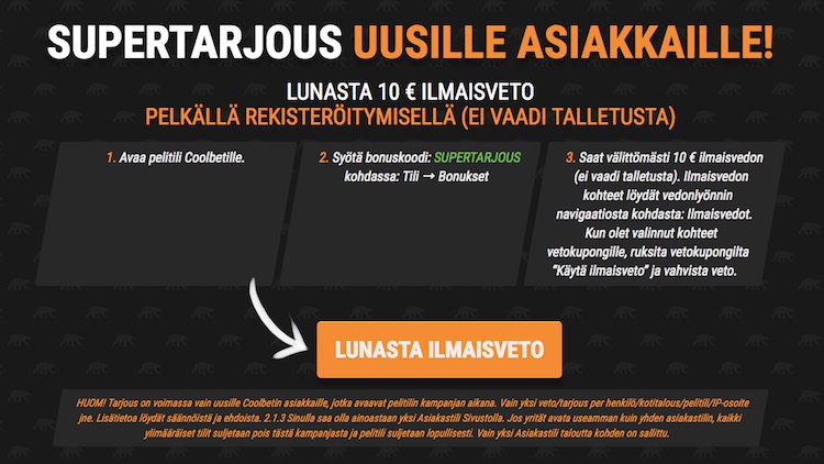 Coolbetilta supertarjous Coolbetilta irtoaa erittäin maukas tarjous uusille pelaajille pääsiäisen kunniaksi.