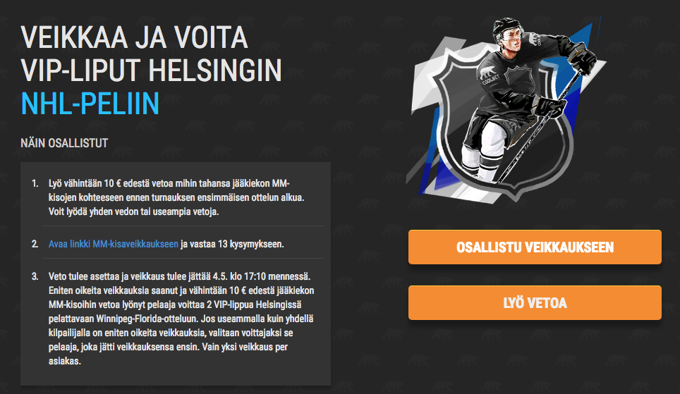 Coolbet Coolbet järjestää kisan, jossa voittaja pääsee katsomaan Suomessa ensi syksynä pelattavaa Winnipeg-Florida-ottelua.